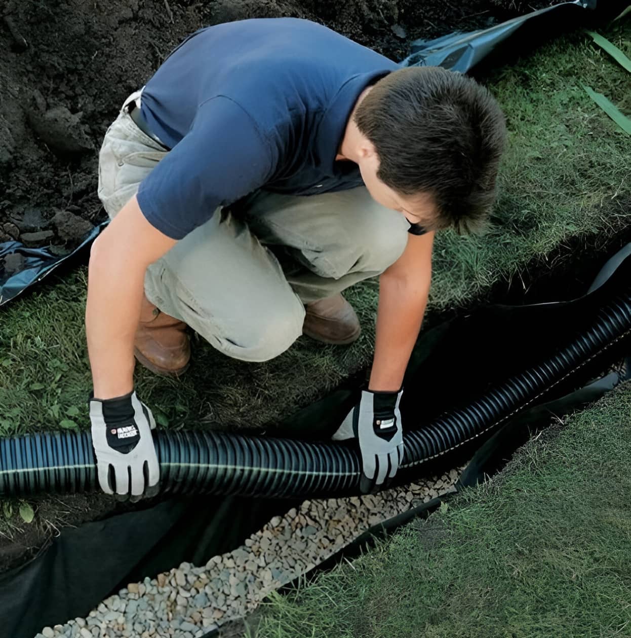 a French Drain employee laying pipe